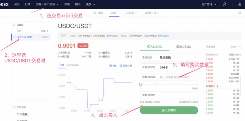 在OKEx交易所购买USDC稳定币操作步骤教程